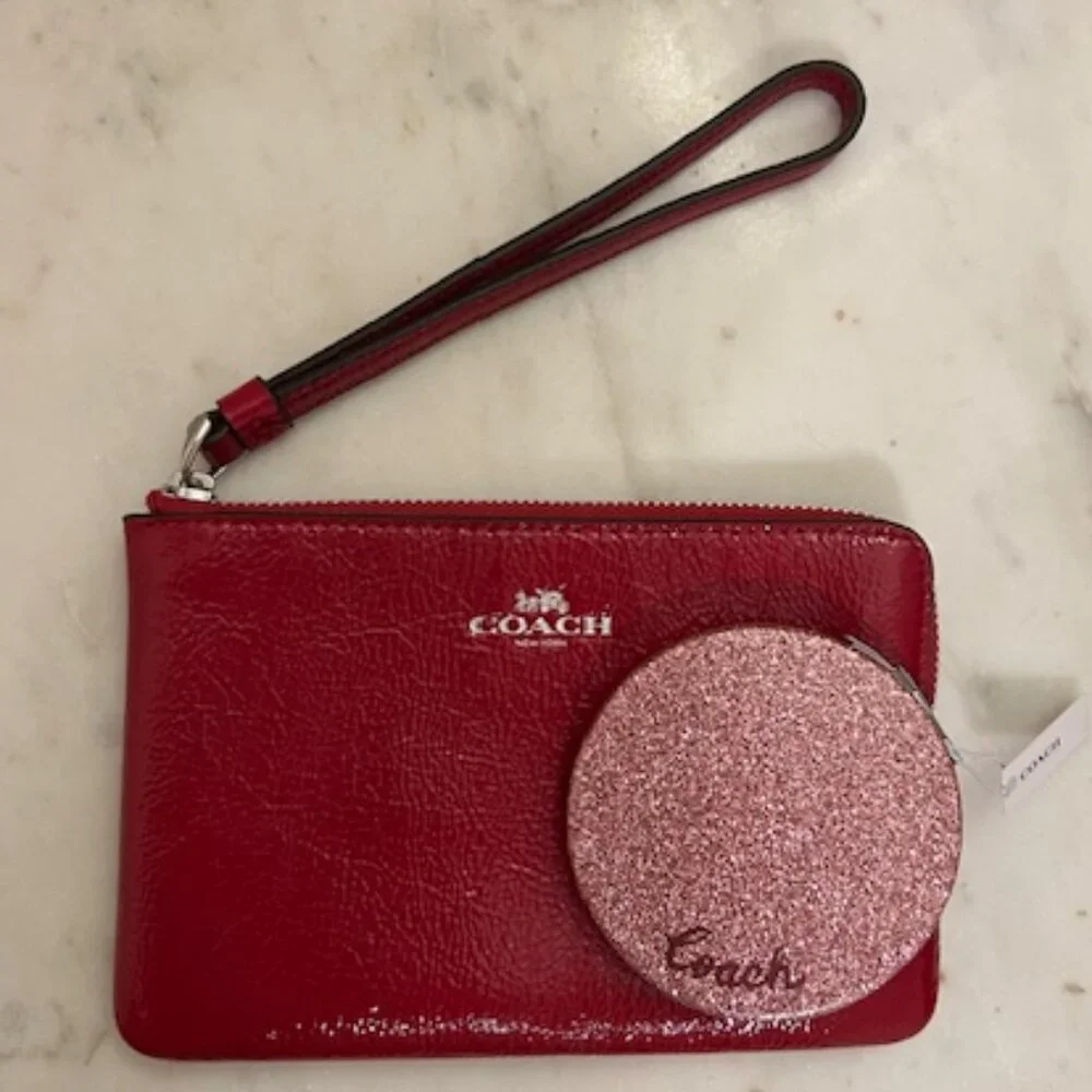 NWOT Coach wristlet Red Key & Card Holder PLUS compact mirror